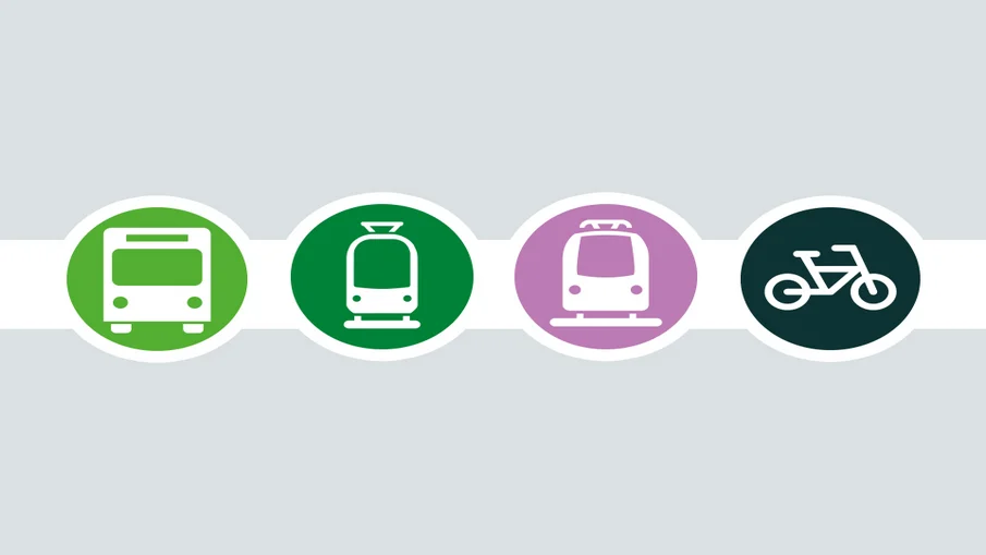 Vier farbige Kreise, die die Icons von Bus, Bahn und Fahrrädern zeigen