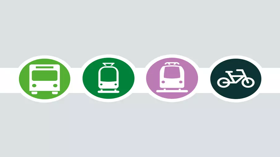 Vier farbige Kreise, die die Icons von Bus, Bahn und Fahrrädern zeigen