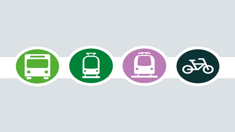 Vier farbige Kreise, die die Icons von Bus, Bahn und Fahrrädern zeigen