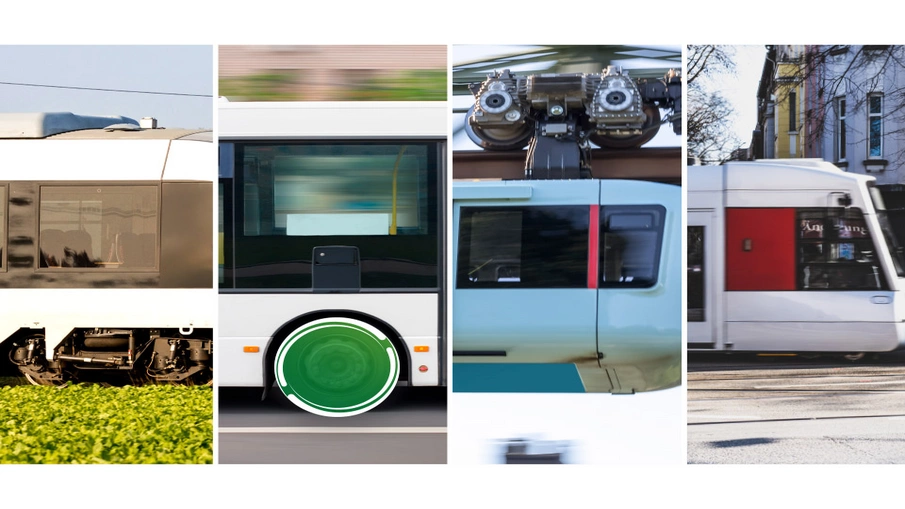 4 angeschnittene Bilder von Bus, Bahn, Straßenbahn und Schwebebahn